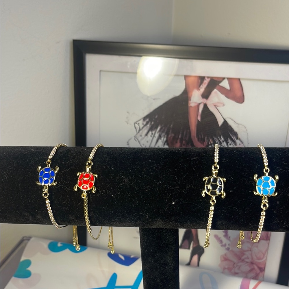 Gold Turtle Charm Bracelets - Red, Blue, and Black